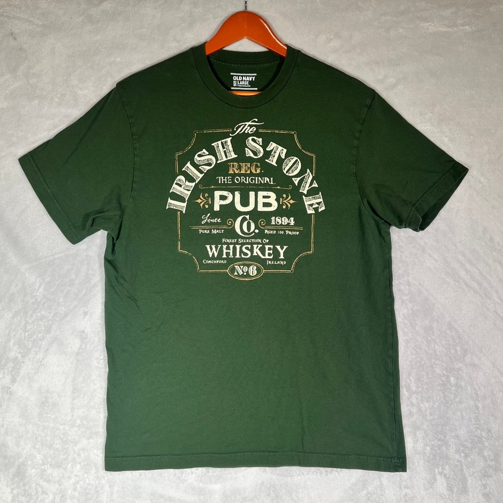 Old Navy Mens Large Green Irish Stone Pub Co Whiskey Graphic T-Shirt St Patricks